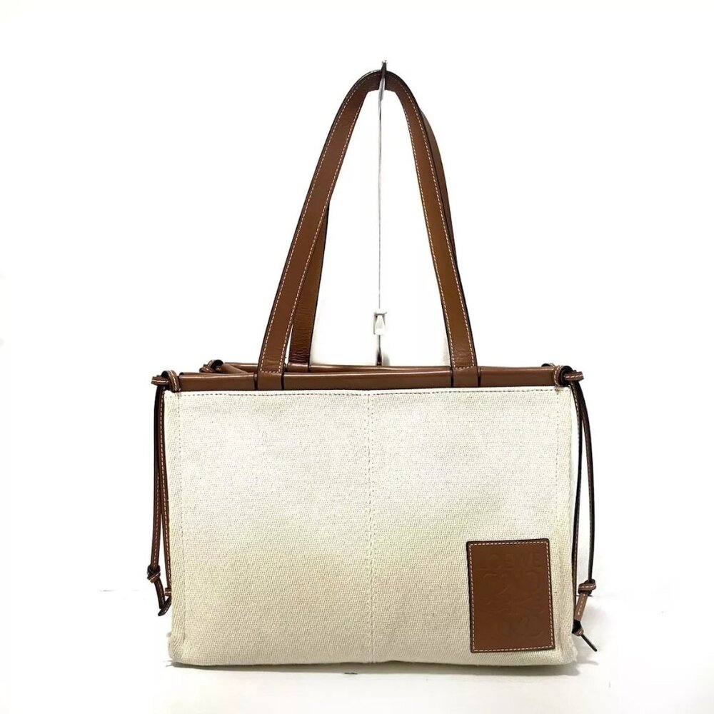Auth LOEWE Cushion Tote Cream Brown Canvas Leather Shoulder Bag